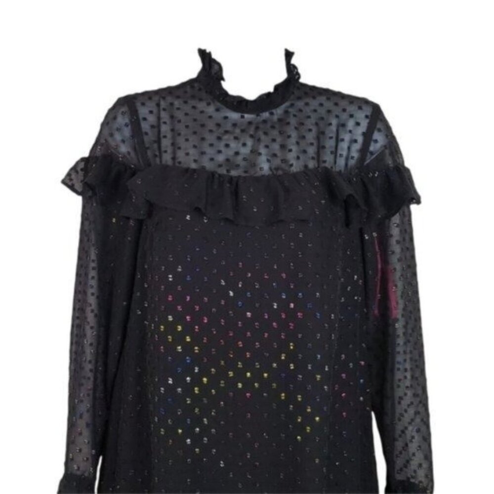 Betsey Johnson Womens Long Sleeve Black Shimmer Ruffle Shift Mini Dress Size 0 - Picture 2 of 9